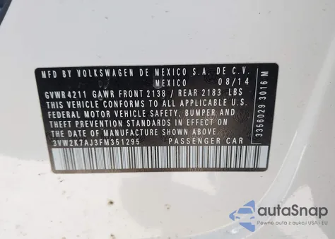 2015 Volkswagen Jetta 2.0L S from USA, damaged, VIN 3VW2K7AJ3FM351295